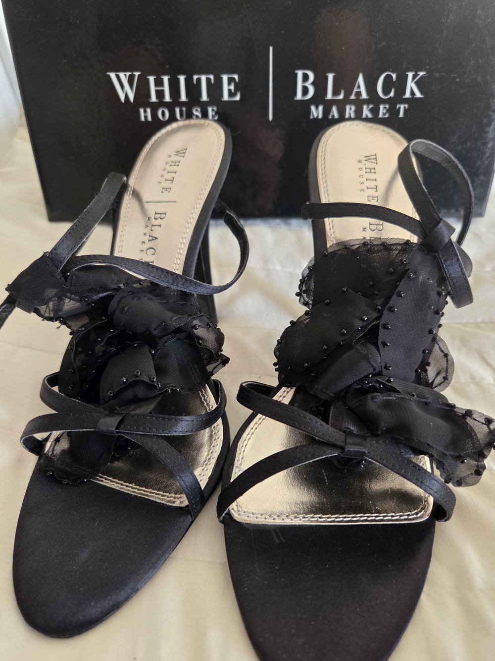 White House Black Market Black Beaded Floral Strap Heels